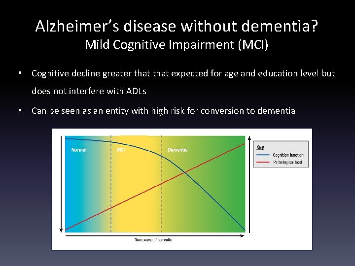 Alzheimer’s disease without dementia? Mild Cognitive Impairment (MCI) • Cognitive decline greater that expected