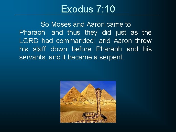 Exodus 7: 10 So Moses and Aaron came to Pharaoh, and thus they did