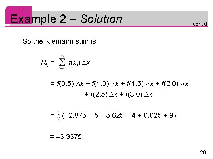 Example 2 – Solution cont’d So the Riemann sum is R 6 = f