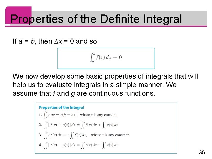 Properties of the Definite Integral If a = b, then x = 0 and