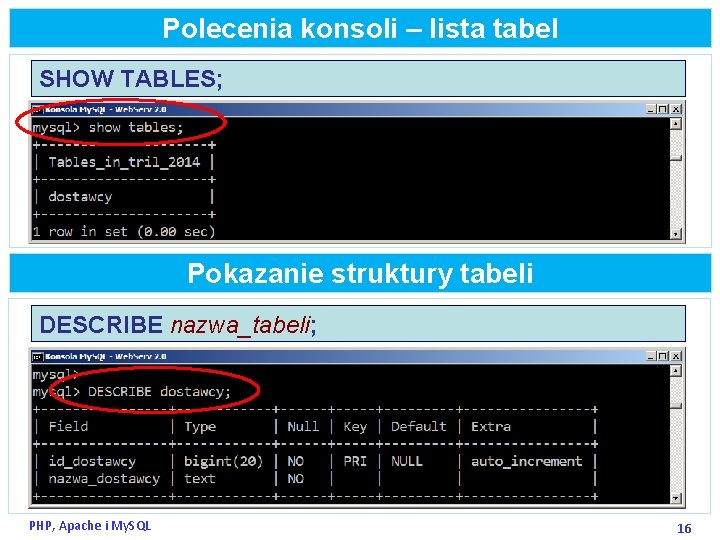 Polecenia konsoli – lista tabel SHOW TABLES; Pokazanie struktury tabeli DESCRIBE nazwa_tabeli; PHP, Apache