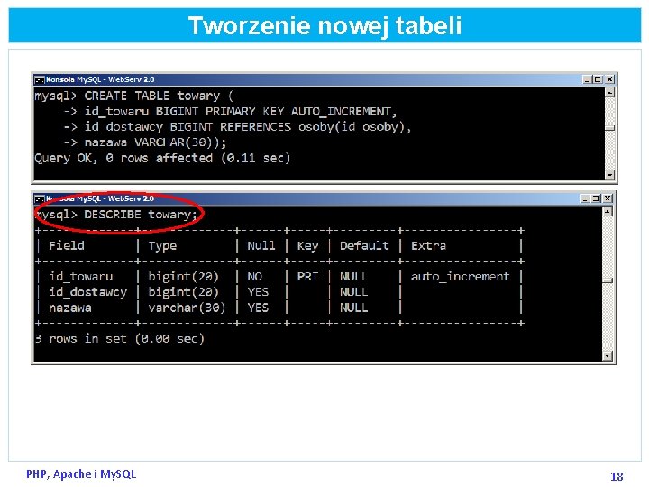 Tworzenie nowej tabeli PHP, Apache i My. SQL 18 