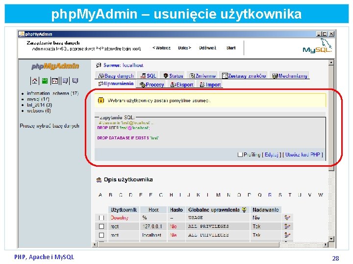 php. My. Admin – usunięcie użytkownika PHP, Apache i My. SQL 28 