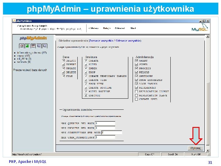 php. My. Admin – uprawnienia użytkownika PHP, Apache i My. SQL 31 