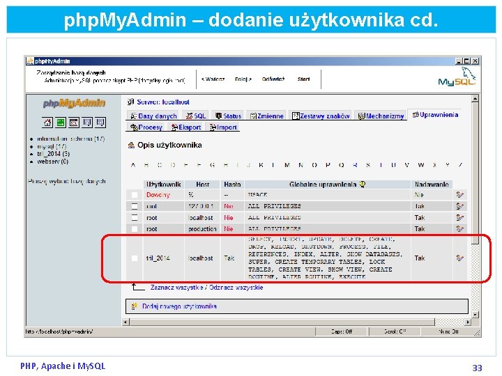 php. My. Admin – dodanie użytkownika cd. PHP, Apache i My. SQL 33 