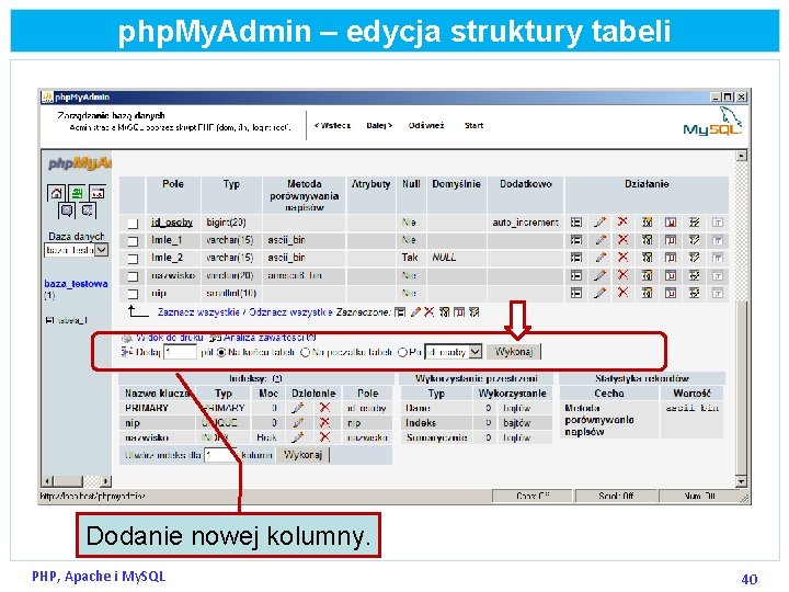 php. My. Admin – edycja struktury tabeli Dodanie nowej kolumny. PHP, Apache i My.