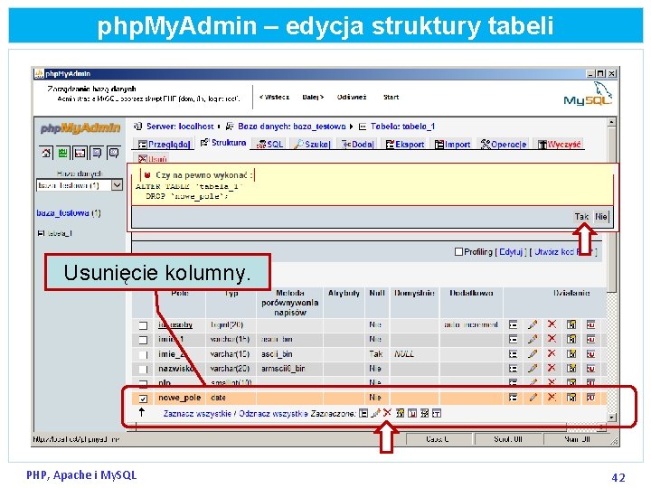 php. My. Admin – edycja struktury tabeli Usunięcie kolumny. PHP, Apache i My. SQL