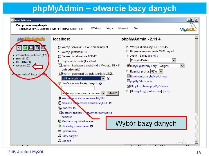 php. My. Admin – otwarcie bazy danych Wybór bazy danych PHP, Apache i My.