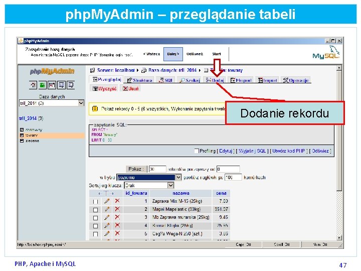 php. My. Admin – przeglądanie tabeli Dodanie rekordu PHP, Apache i My. SQL 47