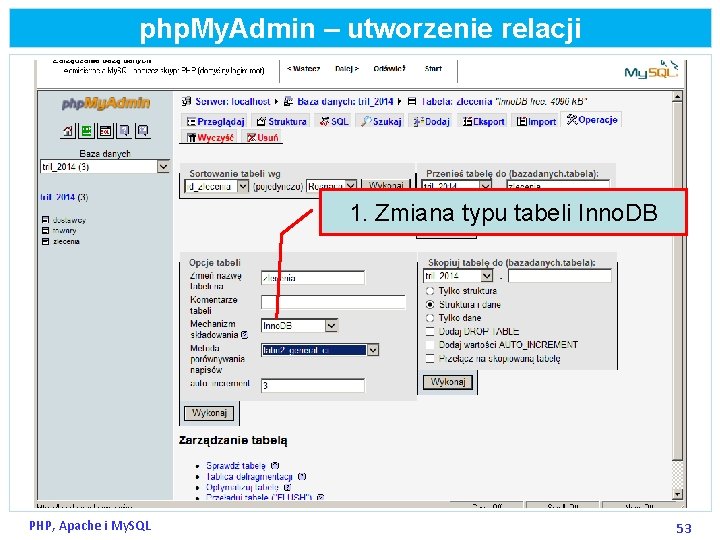 php. My. Admin – utworzenie relacji 1. Zmiana typu tabeli Inno. DB PHP, Apache