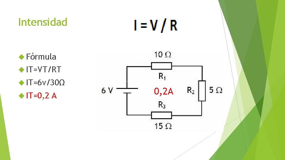 Intensidad Fórmula IT=VT/RT IT=6 v/30Ω IT=0, 2 A 0, 2 A 