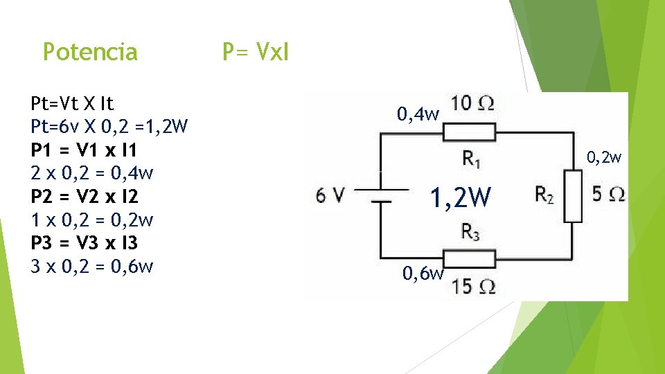 Potencia Pt=Vt X It Pt=6 v X 0, 2 =1, 2 W P 1