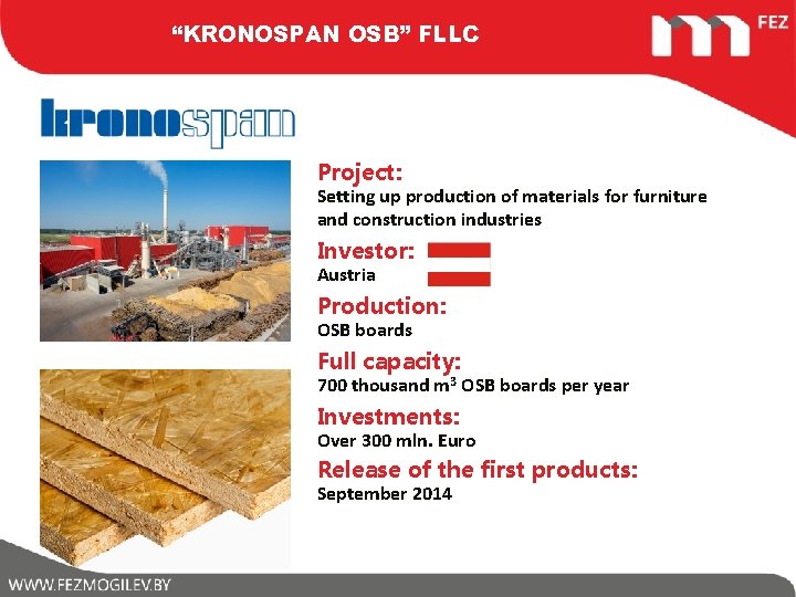 “KRONOSPAN OSB” FLLC Project: Setting up production of materials for furniture and construction industries