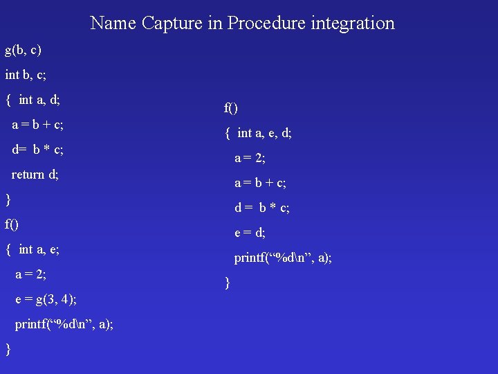 Name Capture in Procedure integration g(b, c) int b, c; { int a, d;