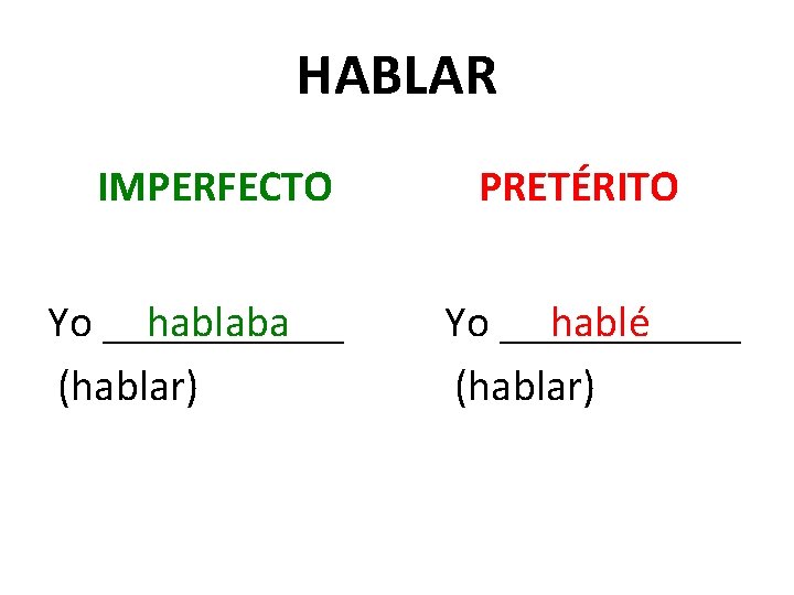 HABLAR IMPERFECTO Yo ______ hablaba (hablar) PRETÉRITO Yo ______ hablé (hablar) 