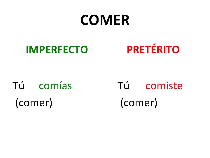 COMER IMPERFECTO Tú ______ comías (comer) PRETÉRITO Tú ______ comiste (comer) 