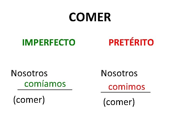 COMER IMPERFECTO Nosotros comíamos ______ (comer) PRETÉRITO Nosotros comimos _____ (comer) 