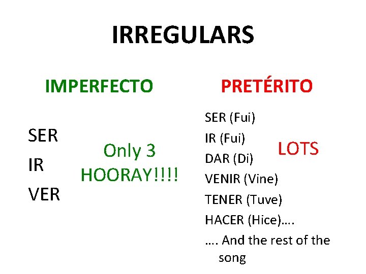 IRREGULARS IMPERFECTO SER Only 3 IR HOORAY!!!! VER PRETÉRITO SER (Fui) IR (Fui) LOTS