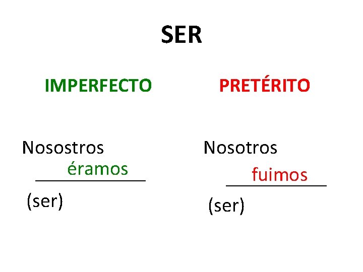 SER IMPERFECTO Nosostros éramos ______ (ser) PRETÉRITO Nosotros fuimos _____ (ser) 