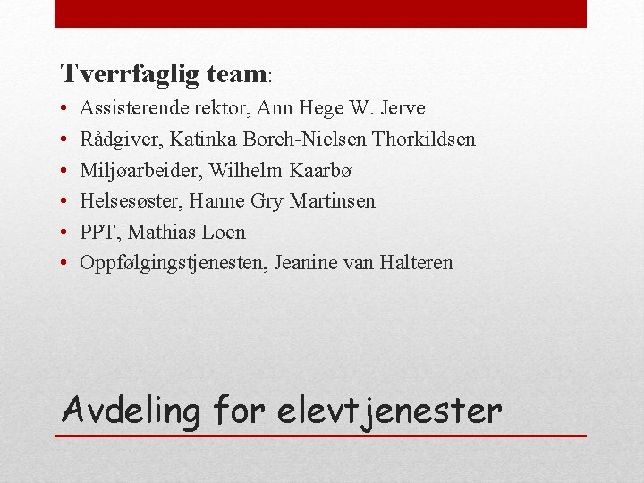 Tverrfaglig team: • • • Assisterende rektor, Ann Hege W. Jerve Rådgiver, Katinka Borch-Nielsen