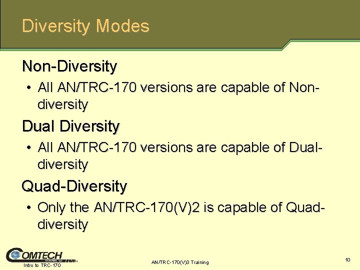 Diversity Modes Non-Diversity • All AN/TRC-170 versions are capable of Nondiversity Dual Diversity •