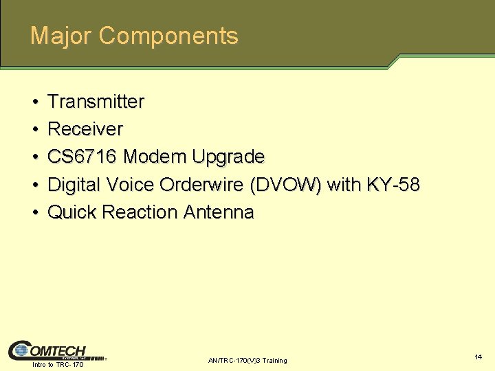 Major Components • • • Transmitter Receiver CS 6716 Modem Upgrade Digital Voice Orderwire