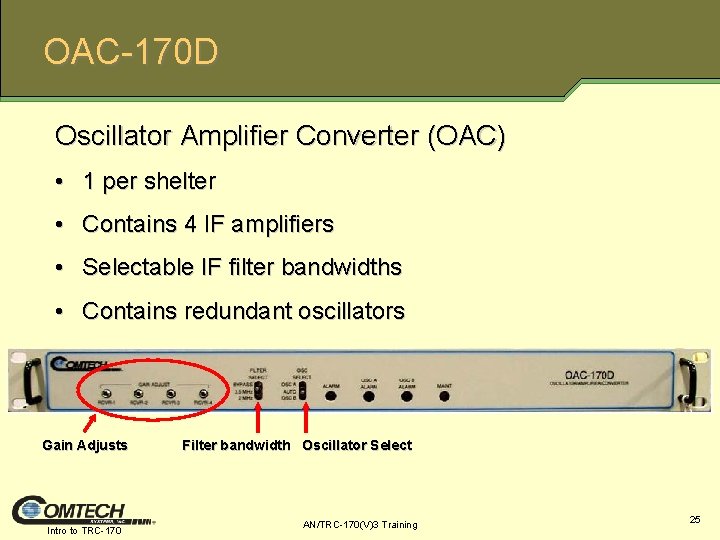 OAC-170 D Oscillator Amplifier Converter (OAC) • 1 per shelter • Contains 4 IF