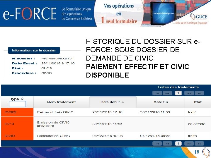 HISTORIQUE DU DOSSIER SUR e. FORCE: SOUS DOSSIER DE DEMANDE DE CIVIC PAIEMENT EFFECTIF