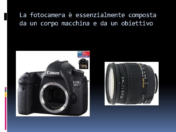 La fotocamera è essenzialmente composta da un corpo macchina e da un obiettivo 