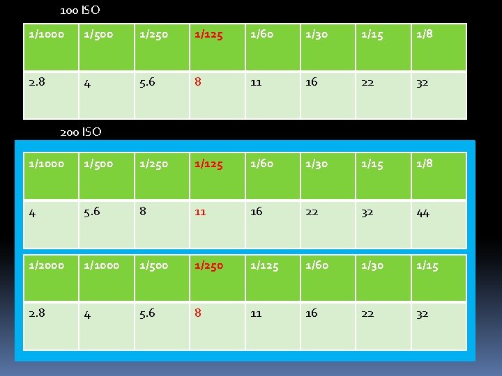 100 ISO 1/1000 1/500 1/250 1/125 1/60 1/30 1/15 1/8 2. 8 4 5.