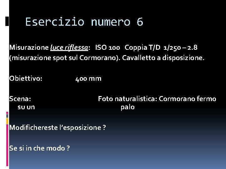 Esercizio numero 6 Misurazione luce riflessa: ISO 100 Coppia T/D 1/250 – 2. 8