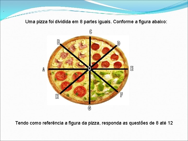  Uma pizza foi dividida em 8 partes iguais. Conforme a figura abaixo: Tendo