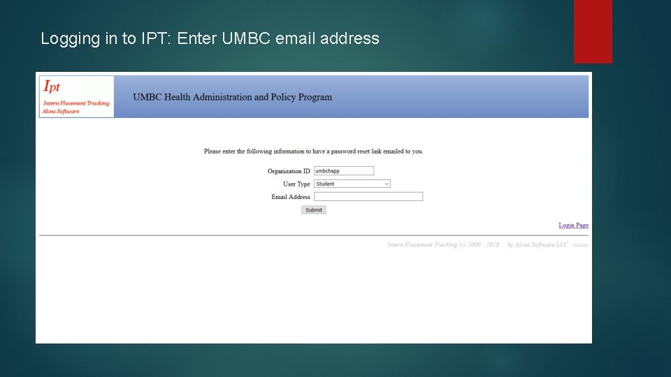 Logging in to IPT: Enter UMBC email address 