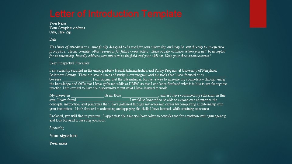 Letter of Introduction Template Your Name Your Complete Address City, State Zip Date This