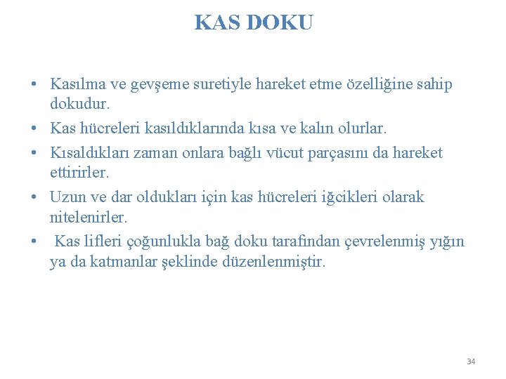 KAS DOKU • Kasılma ve gevşeme suretiyle hareket etme özelliğine sahip dokudur. • Kas