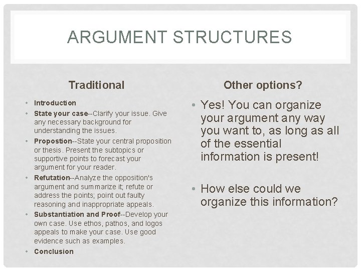 ARGUMENT STRUCTURES Traditional Other options? • Introduction • State your case--Clarify your issue. Give