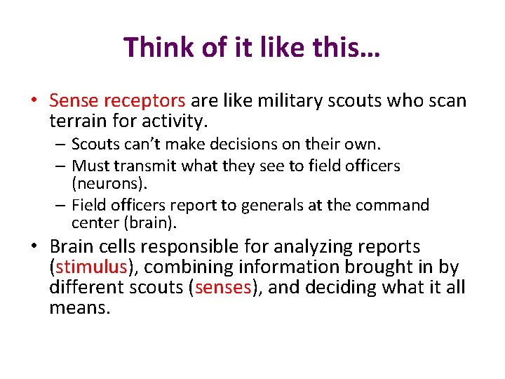 Think of it like this… • Sense receptors are like military scouts who scan