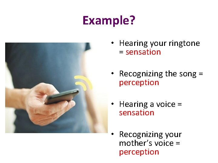 Example? • Hearing your ringtone = sensation • Recognizing the song = perception •