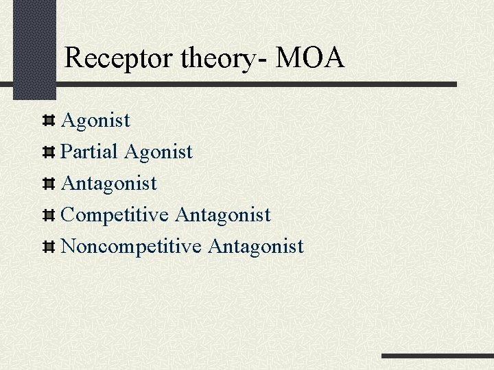 Receptor theory- MOA Agonist Partial Agonist Antagonist Competitive Antagonist Noncompetitive Antagonist 