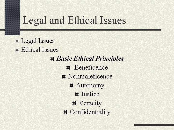 Legal and Ethical Issues Legal Issues Ethical Issues Basic Ethical Principles Beneficence Nonmaleficence Autonomy