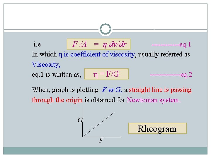 i. e ------eq. 1 F /A = η dv/dr In which η is coefficient