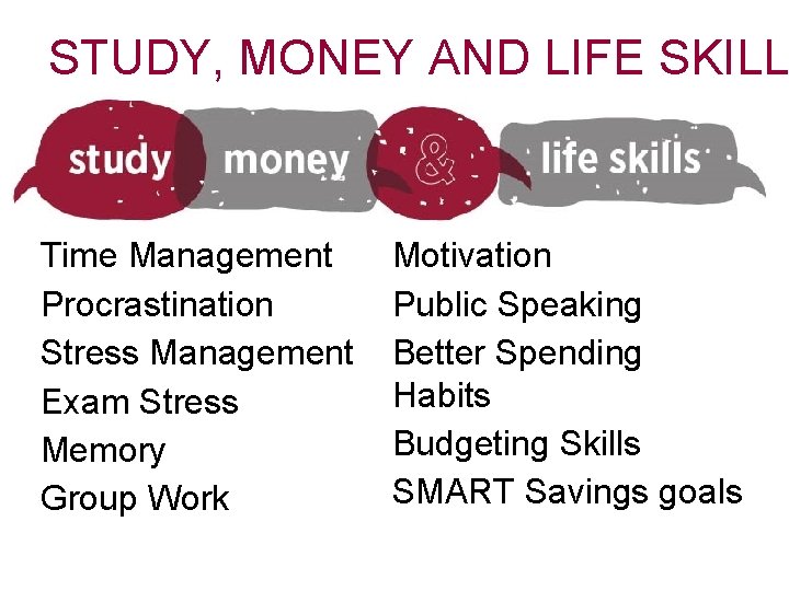 STUDY, MONEY AND LIFE SKILL Time Management Procrastination Stress Management Exam Stress Memory Group