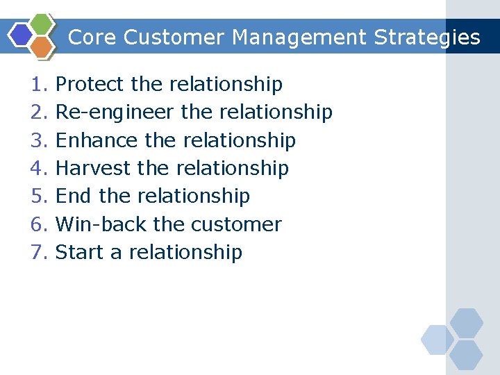 Core Customer Management Strategies 1. Protect the relationship 2. Re-engineer the relationship 3. Enhance