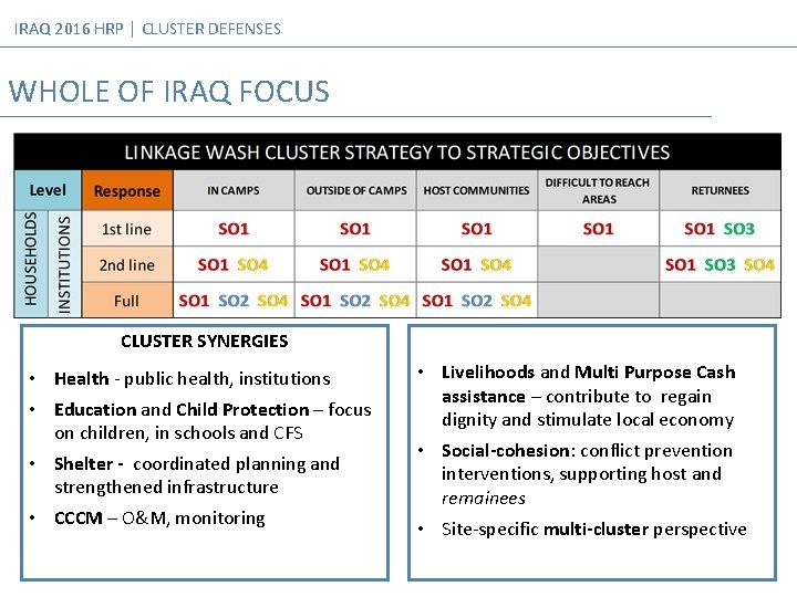 IRAQ 2016 HRP │ CLUSTER DEFENSES WHOLE OF IRAQ FOCUS CLUSTER SYNERGIES • Health