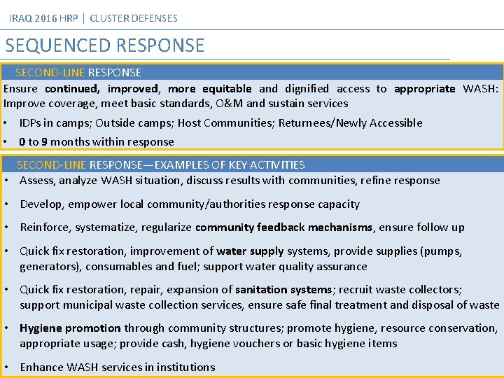 IRAQ 2016 HRP │ CLUSTER DEFENSES SEQUENCED RESPONSE SECOND-LINE RESPONSE Ensure continued, improved, more