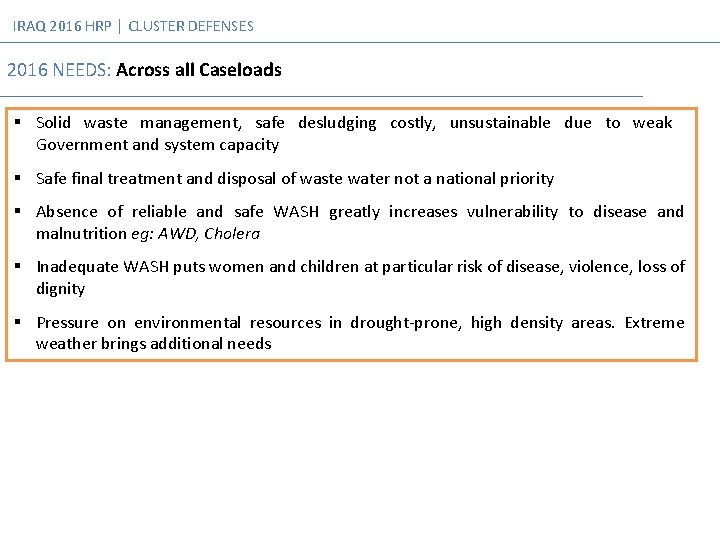 IRAQ 2016 HRP │ CLUSTER DEFENSES 2016 NEEDS: Across all Caseloads § Solid waste