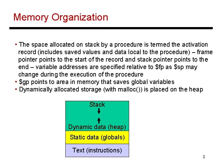 Memory Organization • The space allocated on stack by a procedure is termed the
