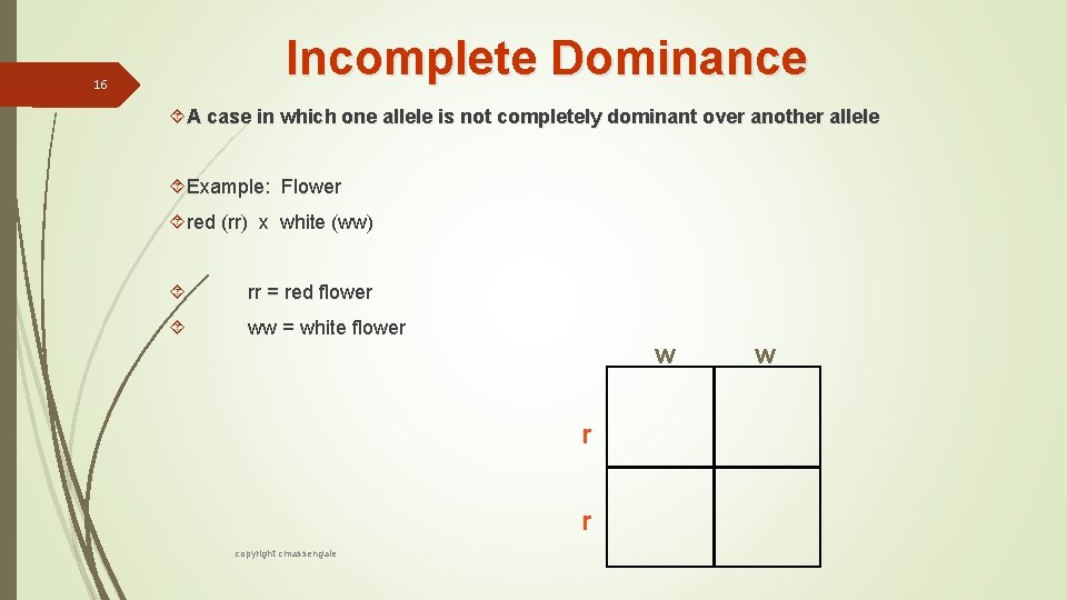 Incomplete Dominance 16 A case in which one allele is not completely dominant over