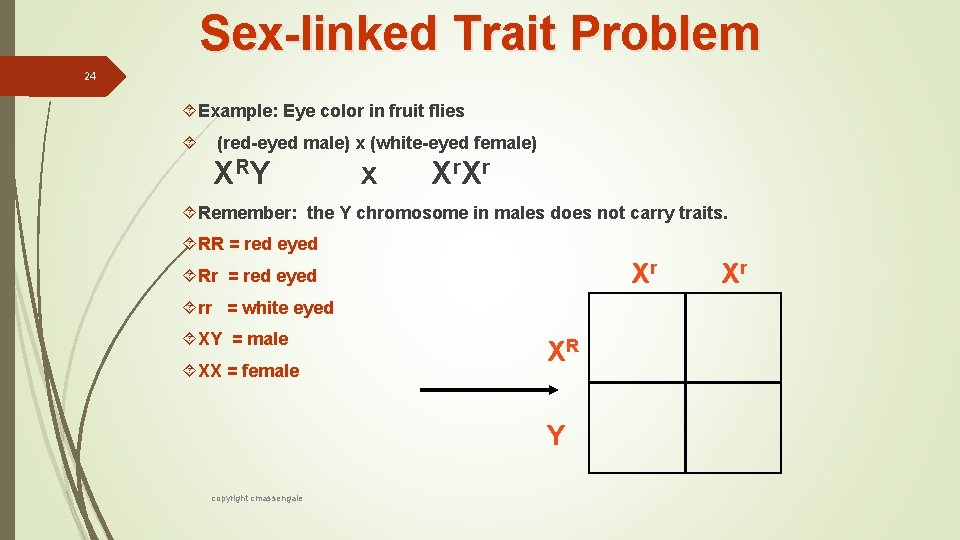 Sex-linked Trait Problem 24 Example: Eye color in fruit flies (red-eyed male) x (white-eyed
