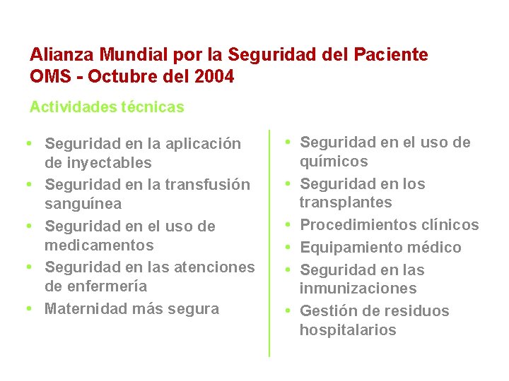 Alianza Mundial por la Seguridad del Paciente OMS - Octubre del 2004 Actividades técnicas